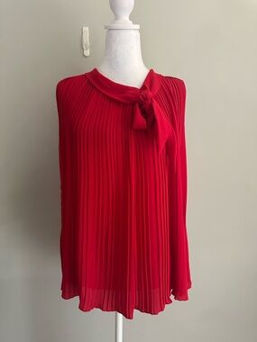 Elegant Red Pleated Blouse w/ Tie Neck – Made in Italy – Size EU 46 (US 10/12)